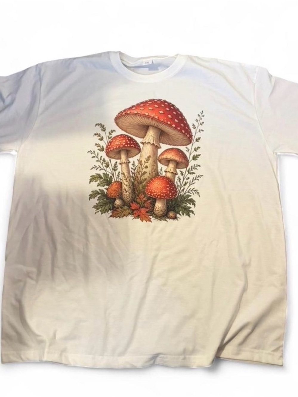 White Graphic Mushroom Tee with Red Detail - Unbranded